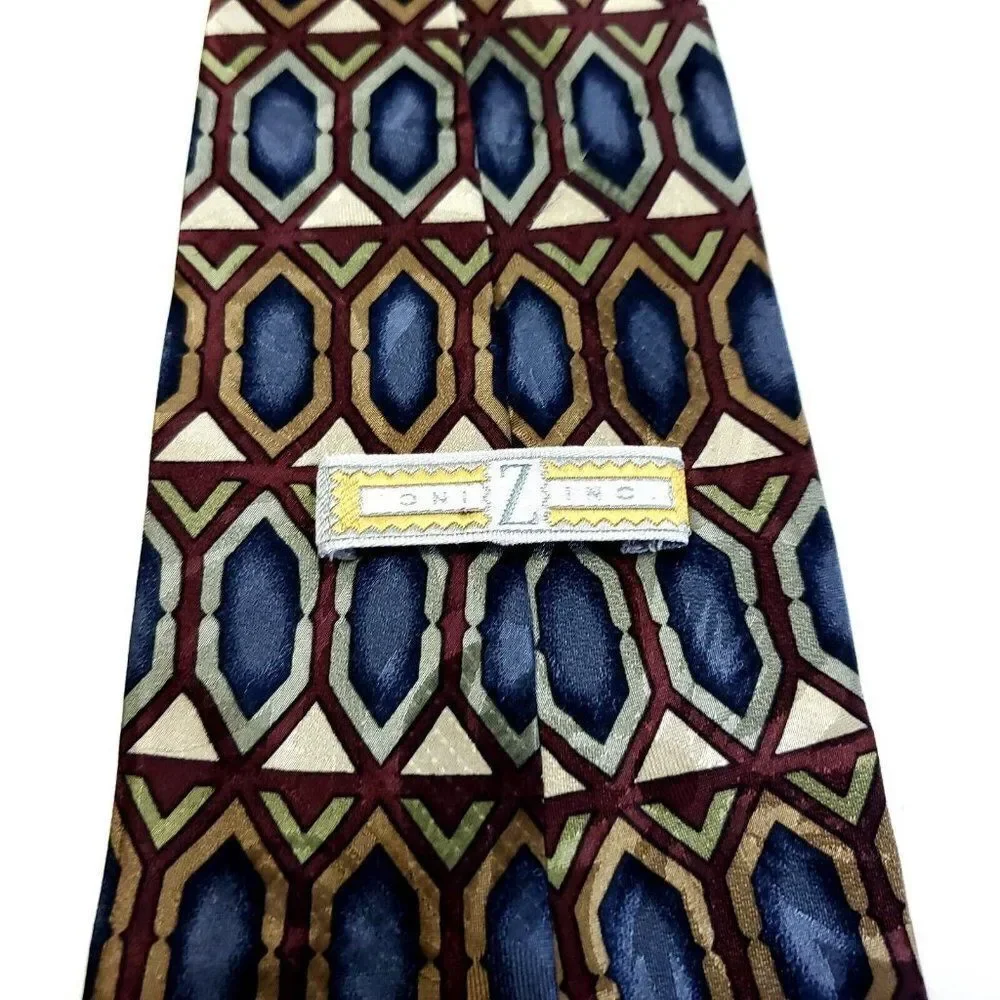 Z. Inc‎ Blue Tan Jacquard Geometric Print Wide Silk Tie